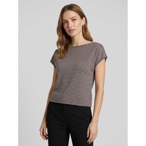 St John Striped Knit Top Grey Beige Cotton Modal Cashmere Boat Neck Cap Sleeve S